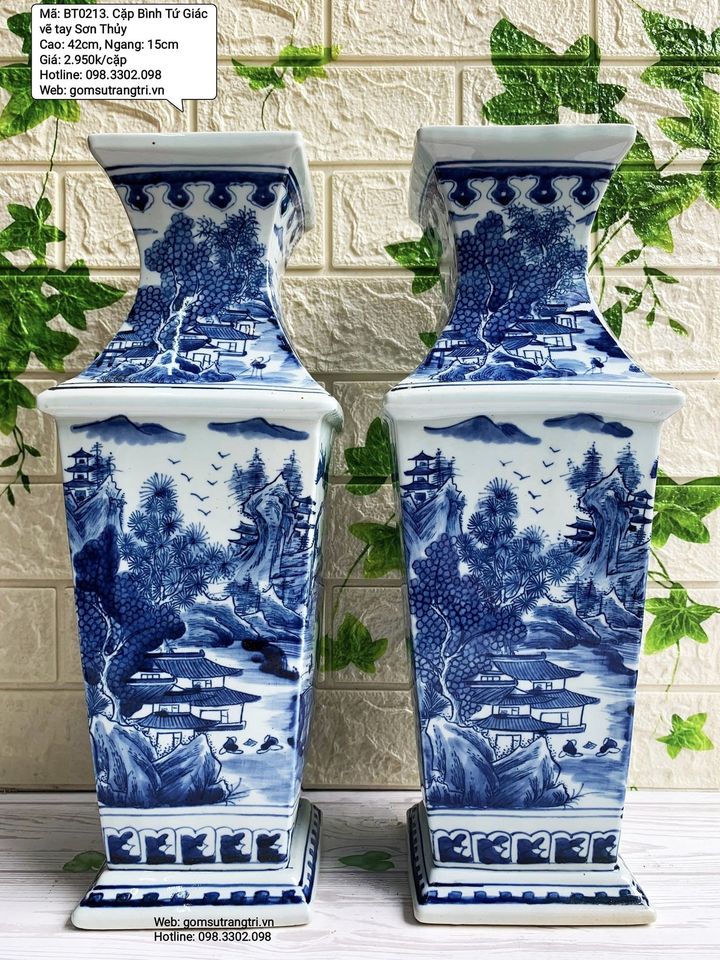 CẶP BÌNH TỨ GIÁC VẼ TAY SƠN THỦY